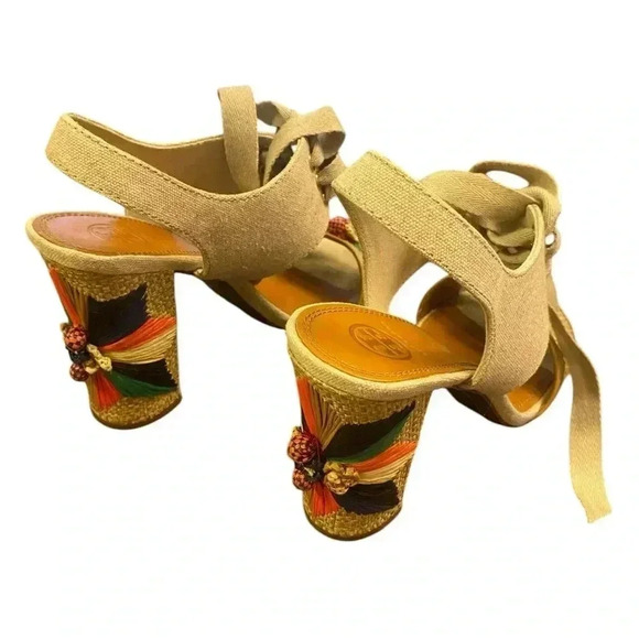 TORY BURCH Geraldine Raffia & Linen Lace-Up Sandals Size 9.5 - Picture 13 of 13